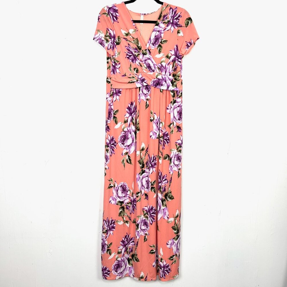 NWT Pink Blush Floral Maxi Dress Pink Purple Short Sleeve Maternity Large